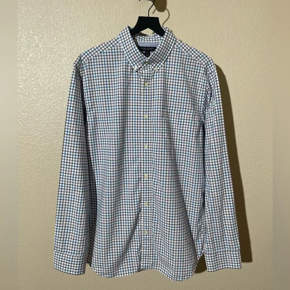 Banana Republic Men's Blue and Red Checkered Shirt